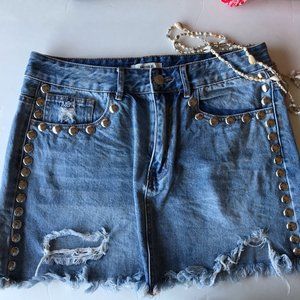 Forvr 21 Distres'd Studded Denim Mini-skirt, Sz 30
